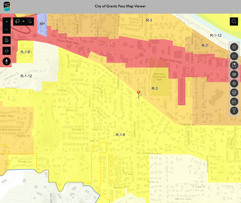 Grant's Pass zoning map highlighting an R-1-8 parcel