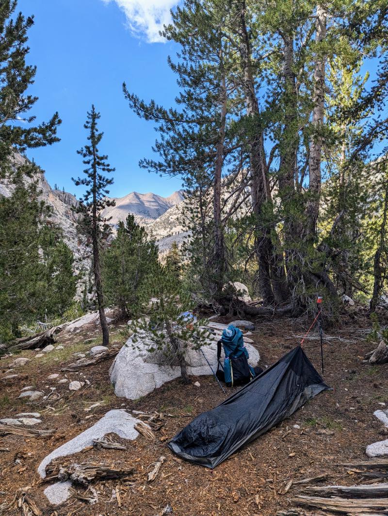 Katabatic bivy set up at campsite on the north side of Basin Notch, with trekking pole tie-out to elevate the head.