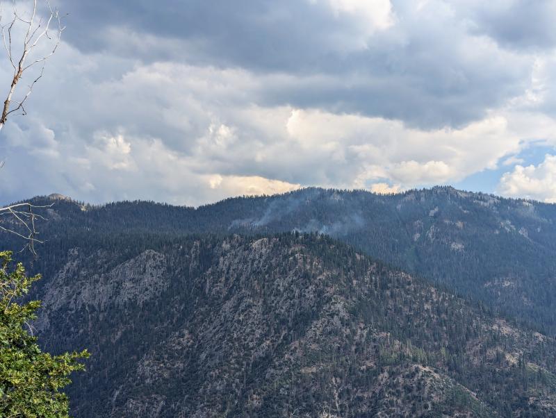 Looking south over Cedar grove in King's Canyon National Park at wispy smoke from smoldering wildfires.