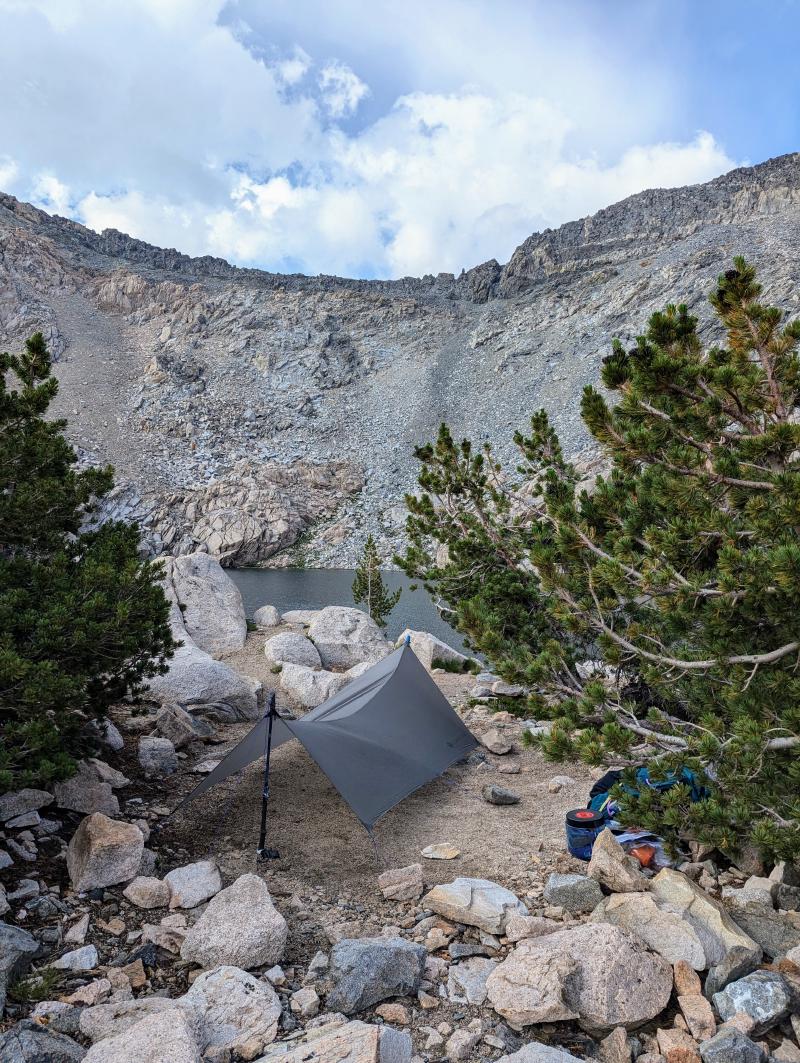 Tarp pitched at the campsite above the tarn in the cirque just south of Glen Pass.